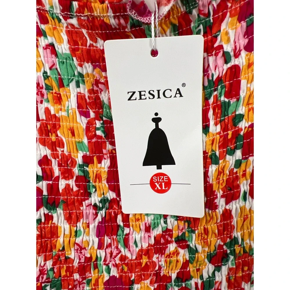 ZESICA Floral Mini Dress Women XL Red Orange Smocked Tie Strap Tiered Cottage